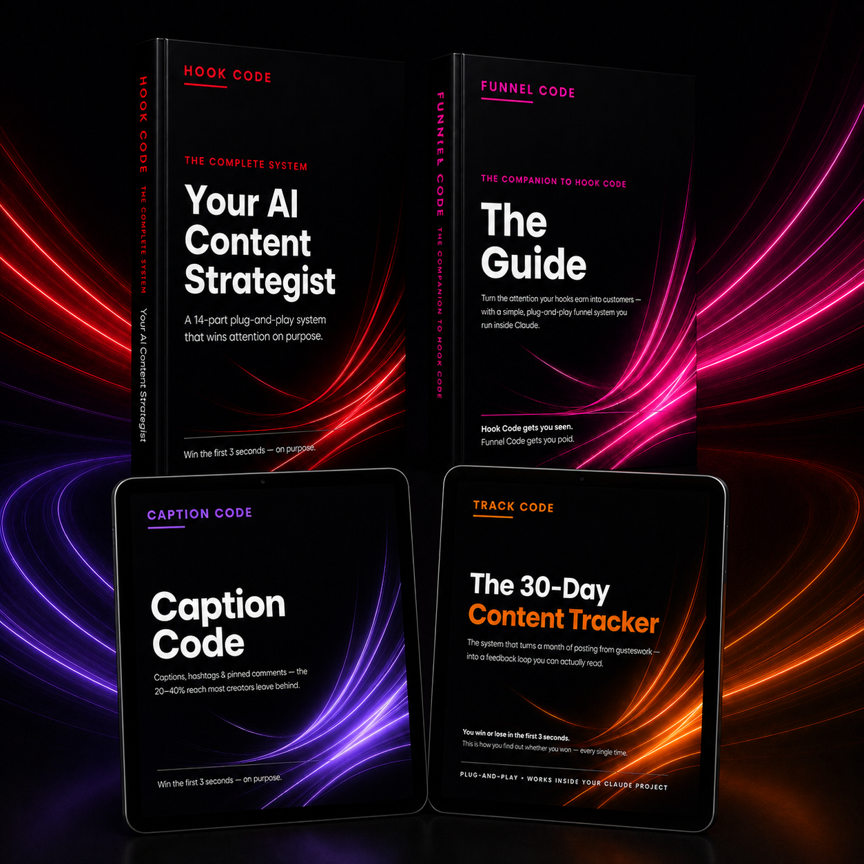 The Creator Stack featuring Hook Code, Funnel Code, Caption Code and Track Code product visuals