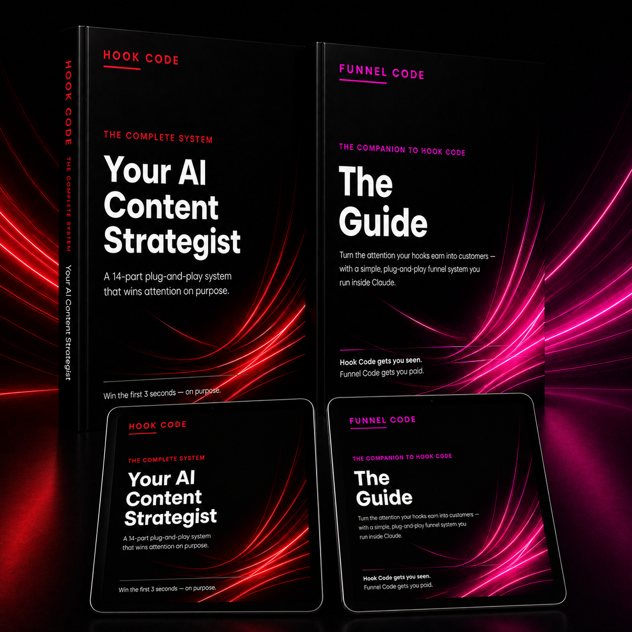 The Growth Stack featuring Hook Code and Funnel Code books and tablets